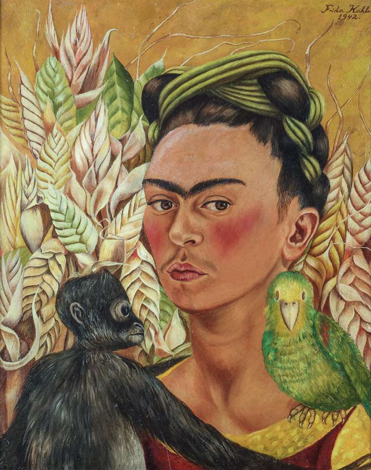 Autoportrét s opicí a papouškem skládačky online