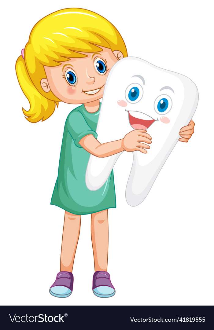 Šťastné dítě drží velký zub na bílém pozadí online puzzle