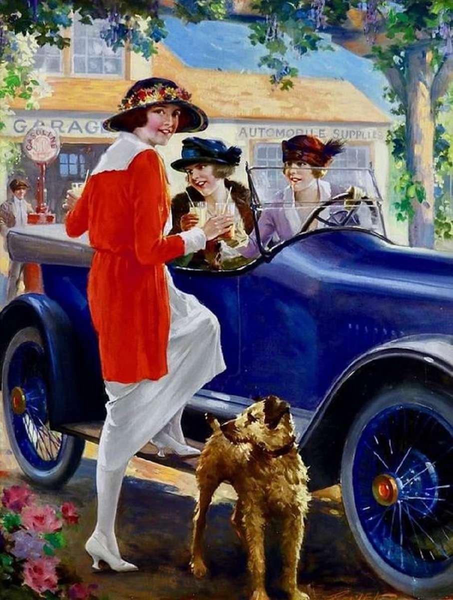Three girls and a blue car jigsaw puzzle online
