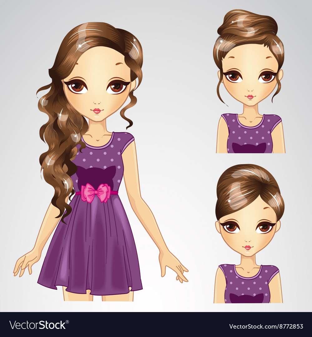 Frisur-Set eines Mädchens im lila Kleid, Vektorbild Online-Puzzle