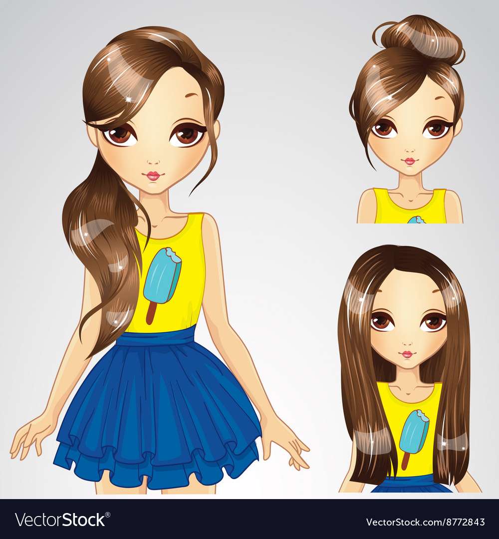 Набір зачісок дівчини в жовтій сорочці ВЕКТОРНОЕ ИЗОБРАЖЕНИЕ онлайн пазл