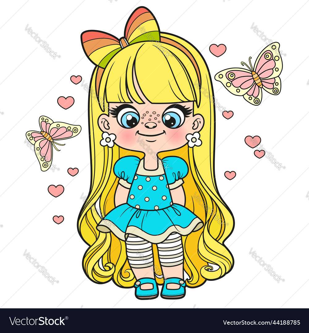 Cute cartoon langharige meisje in weelderige jurk kleur online puzzel