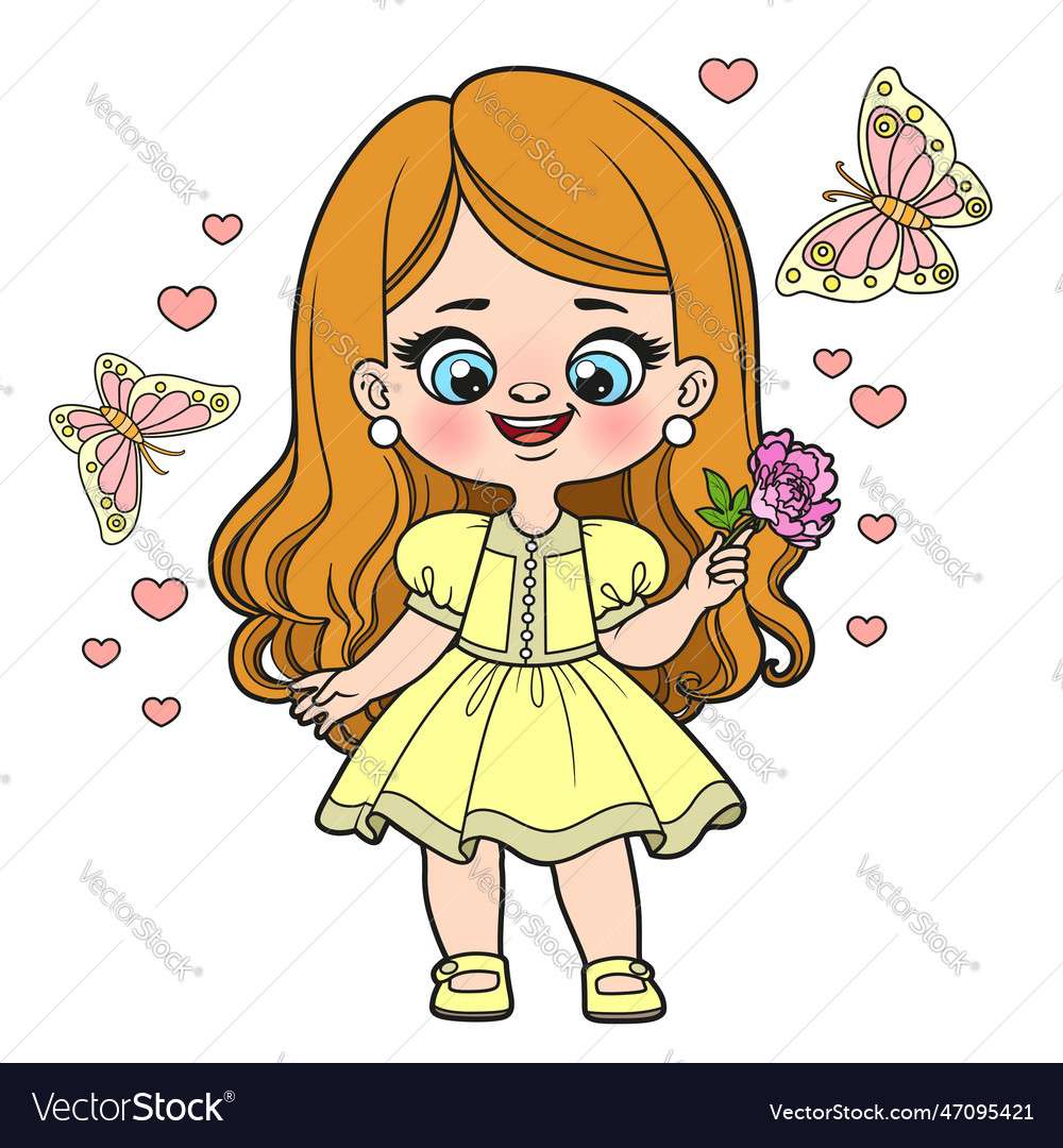 Fată drăguță de desene animate în rochie luxuriantă cu un vector de bujor jigsaw puzzle online