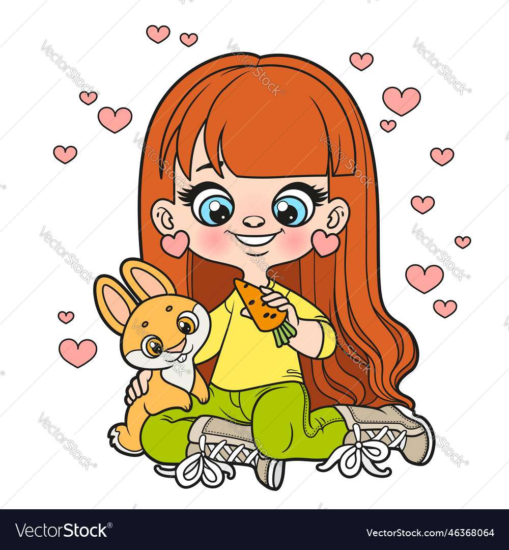 Menina de cabelos compridos bonito dos desenhos animados que alimenta a laranja v puzzle online