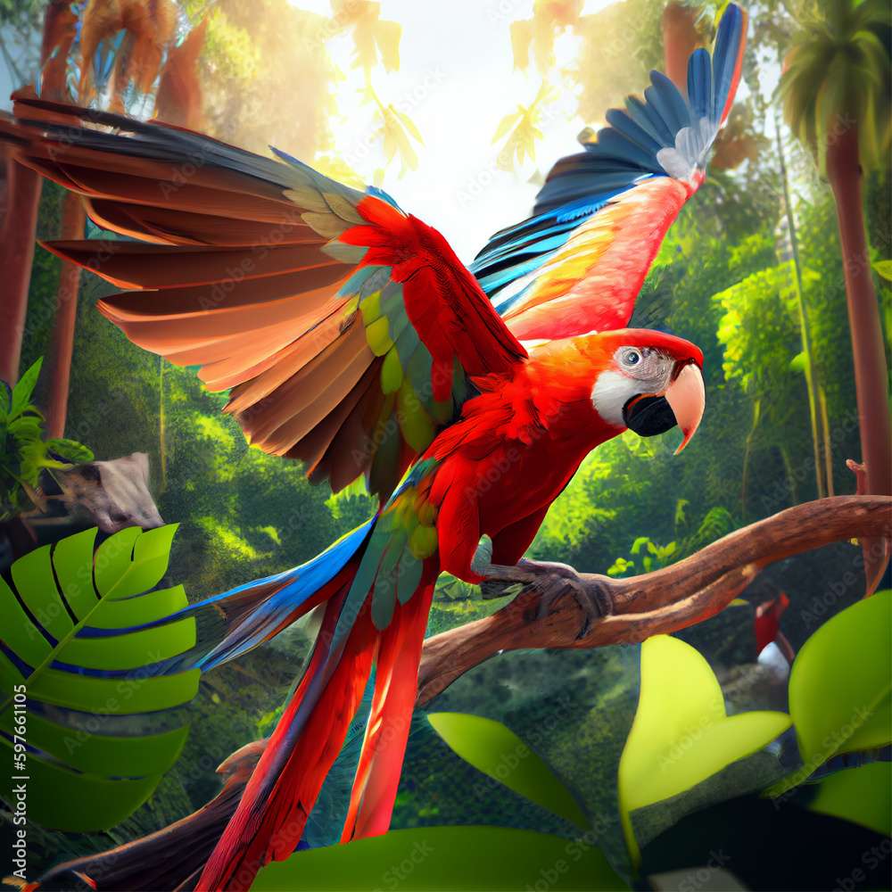 Perroquet ara écarlate dans la jungle tropicale puzzle en ligne