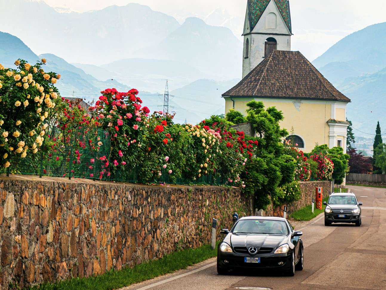 Straat versierd met rozenstruiken (Bolzano, Italië) online puzzel