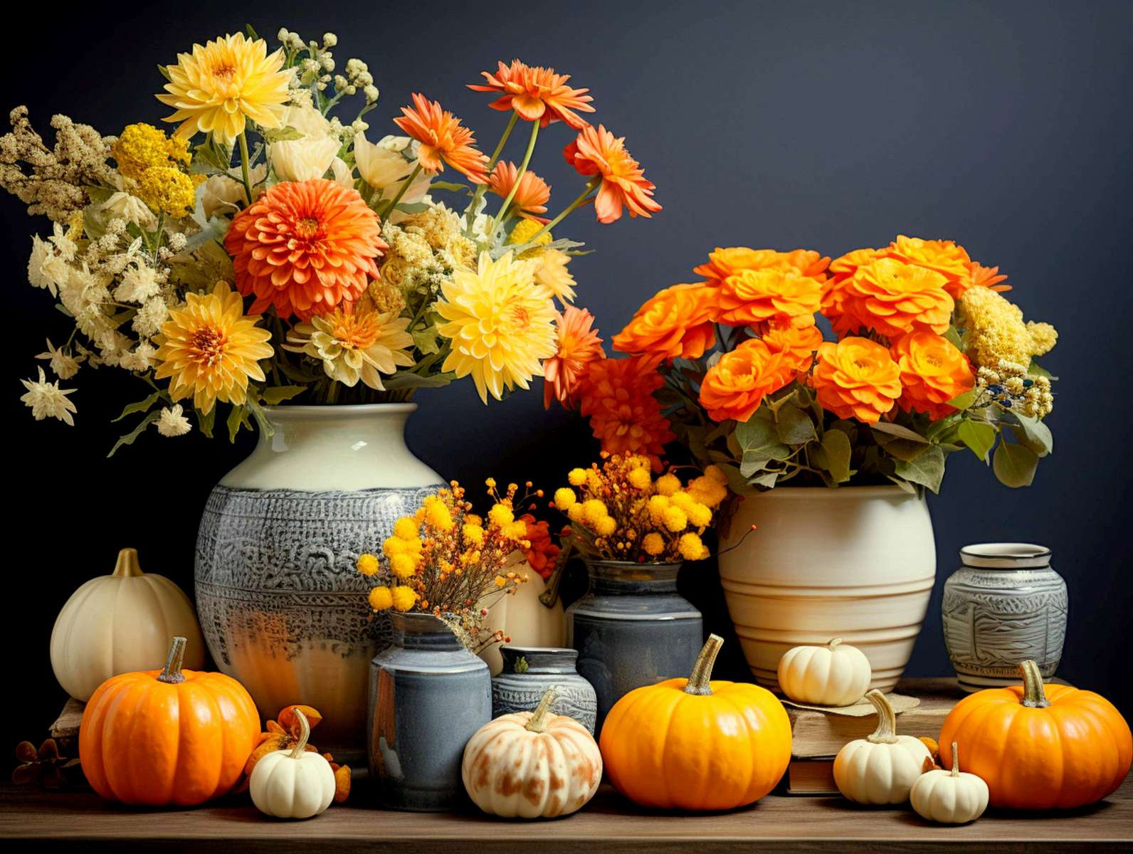 Herbstdekoration mit Blumen und Kürbissen Puzzlespiel online