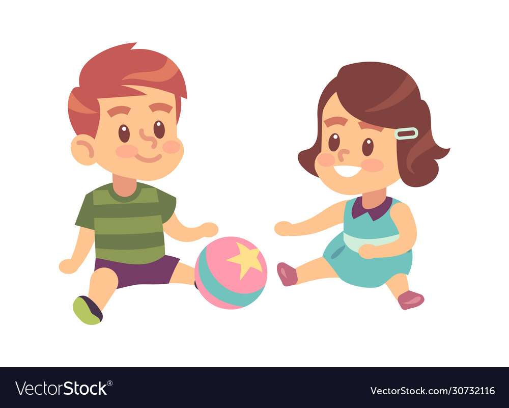 Niño y niña juegan juntos linda pequeña imagen vectorial rompecabezas en línea