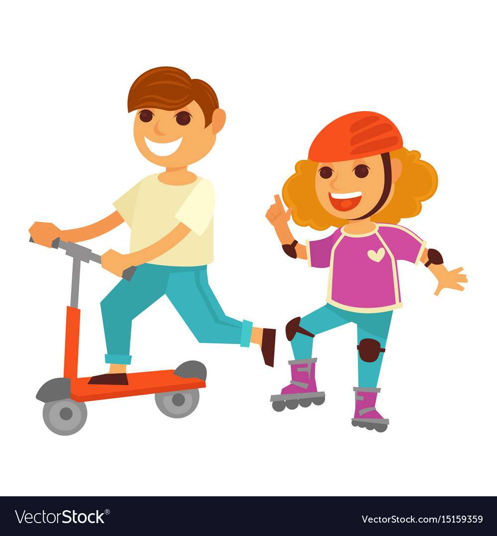 Bambini felici ragazza e ragazzo pattinaggio a rotelle scooter puzzle online