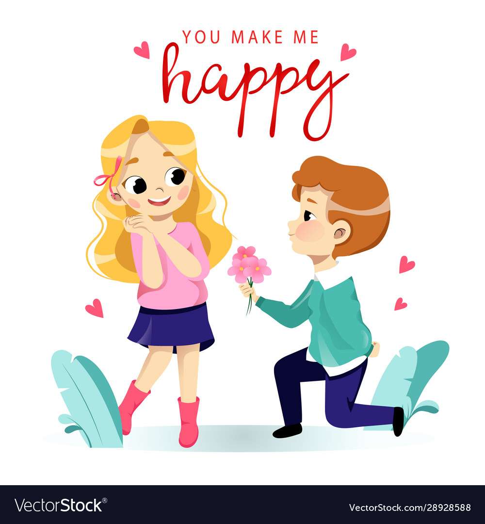 Romantisk pojke ger blommor till sin flickvän v Pussel online