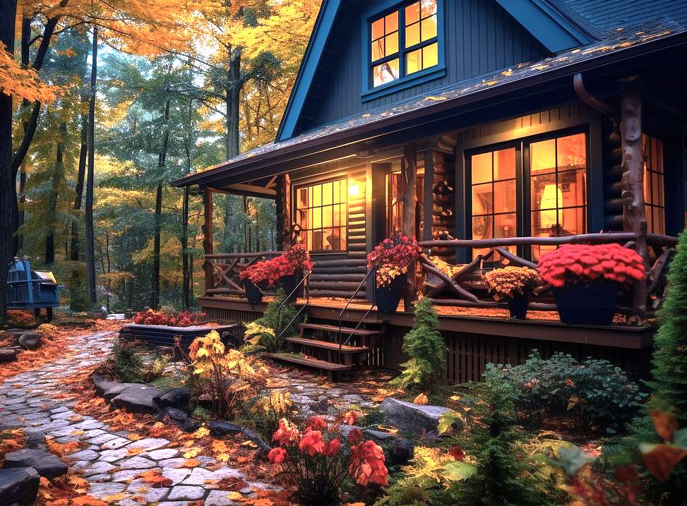 Μια δασική κατοικία σε ένα φθινοπωρινό σκηνικό online παζλ