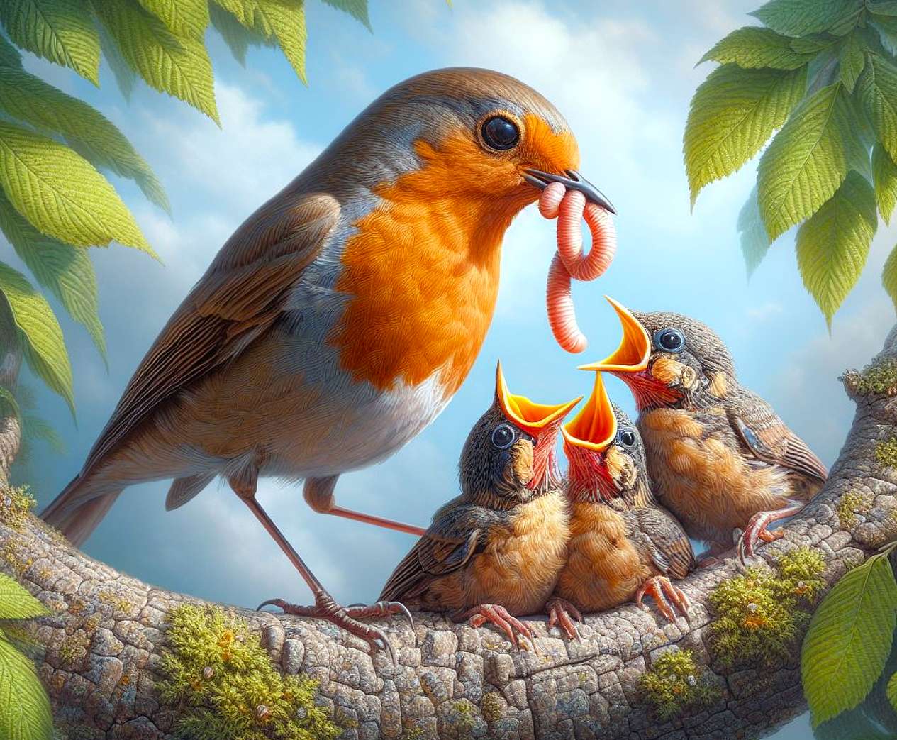 Um robin alimentando seus filhotes quebra-cabeças online