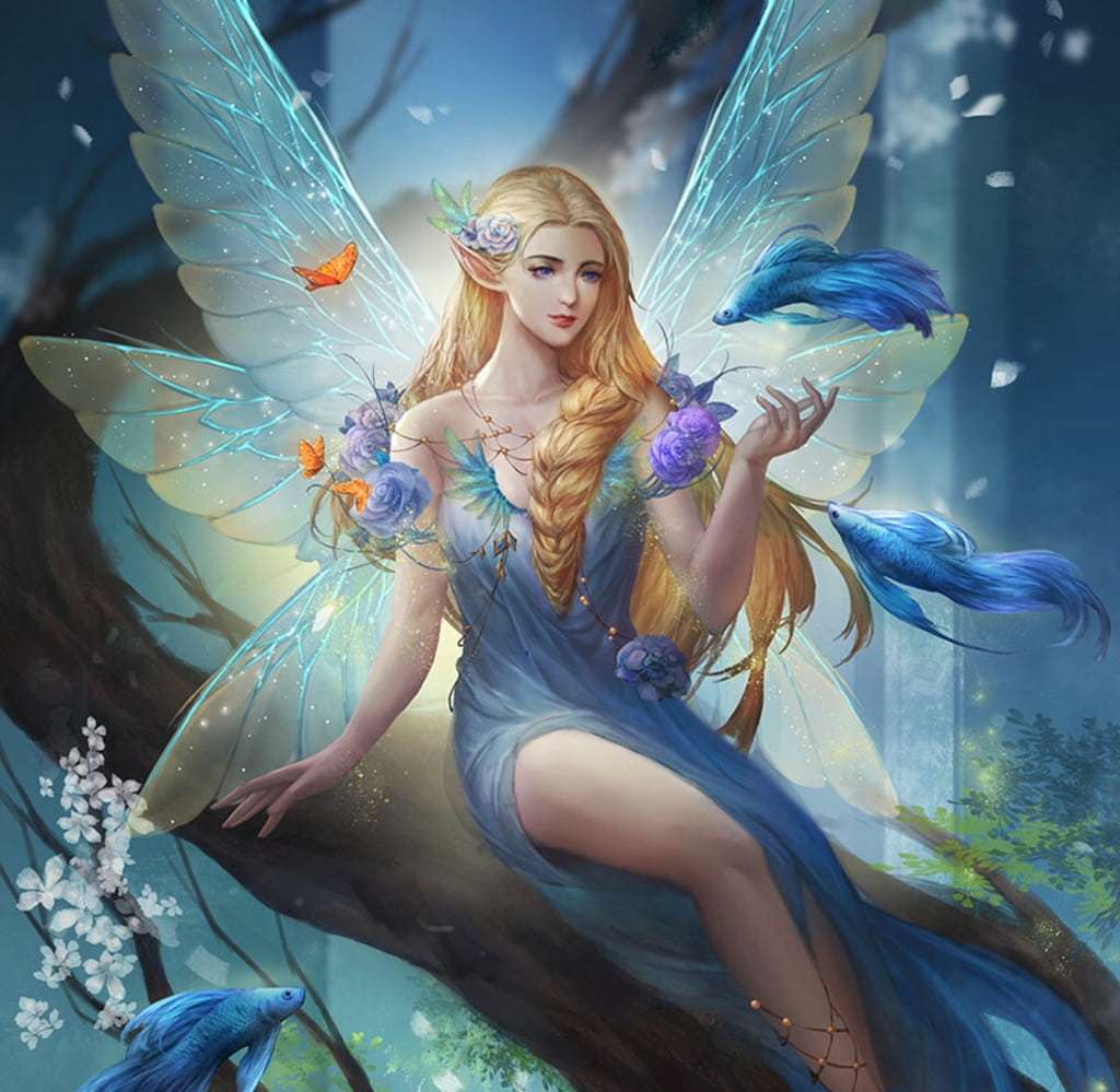 Fairy, blue, frumusete, fish, luminos, vara, light pussel på nätet