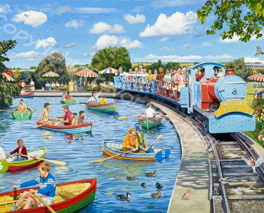 Un parc d'attractions avec un train et des bateaux puzzle en ligne