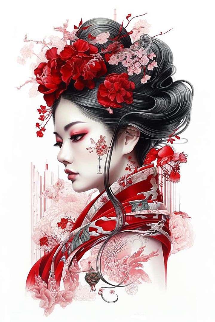 Geisha, rote Blumen Online-Puzzle