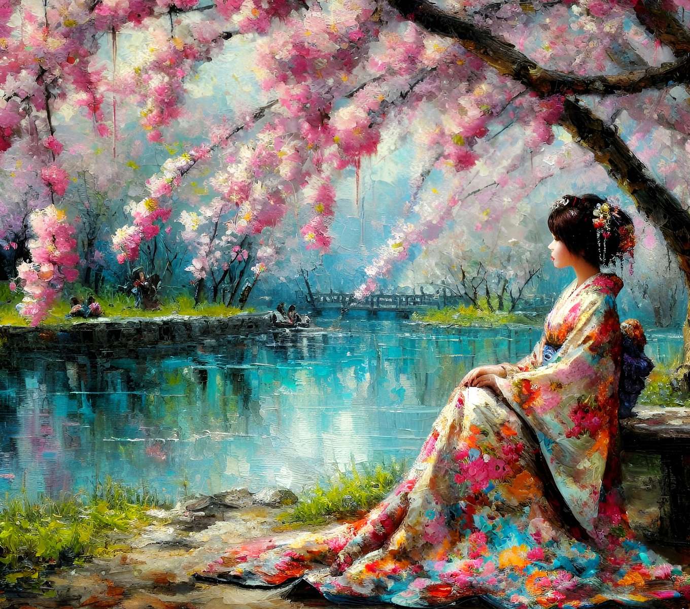 Jeune fille sous le cerisier en fleurs (Japon) puzzle en ligne