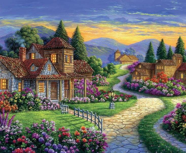 Maisons au terrain fleuri puzzle en ligne