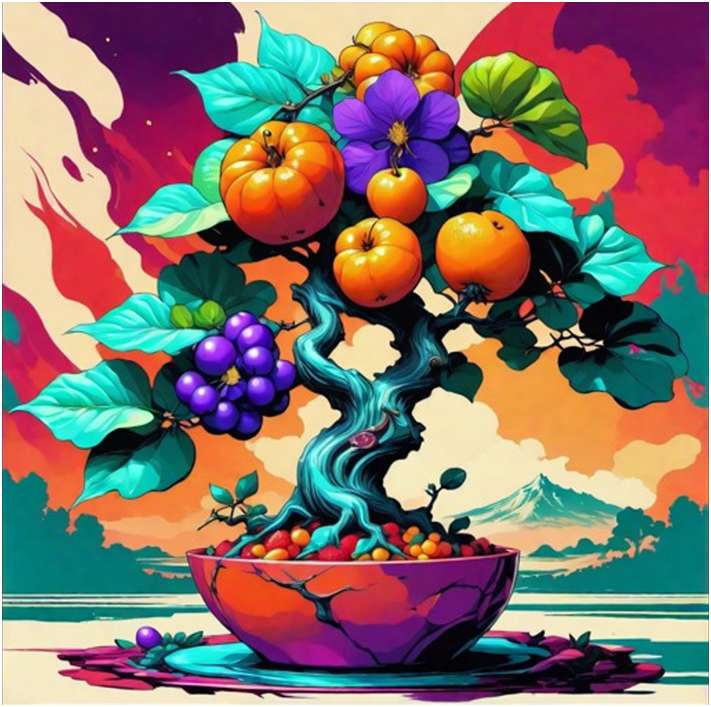 albero con frutti multicolori creado con AI rompecabezas en línea