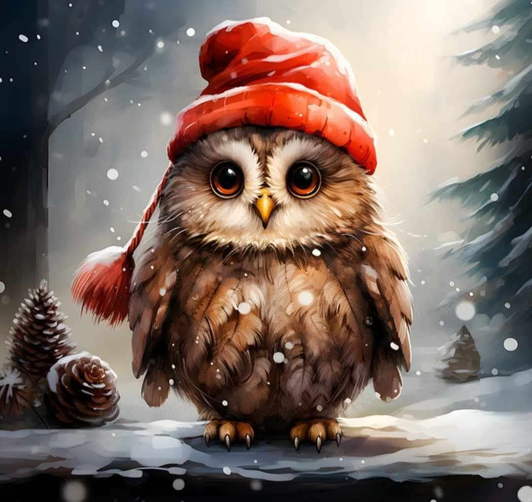 Зимова сова в червоній шапочці онлайн пазл