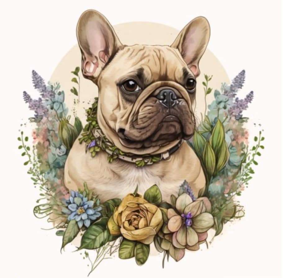 Francia bulldog színes virágok koszorújában kirakós online