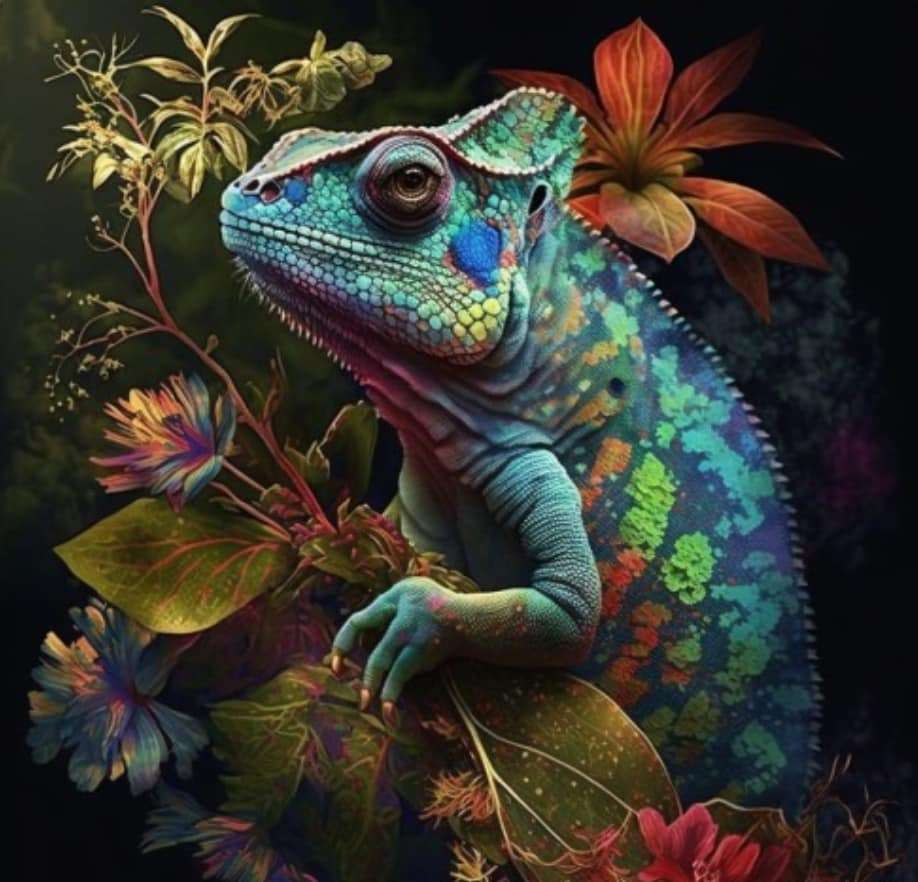 Um camaleão colorido cercado por flores puzzle online