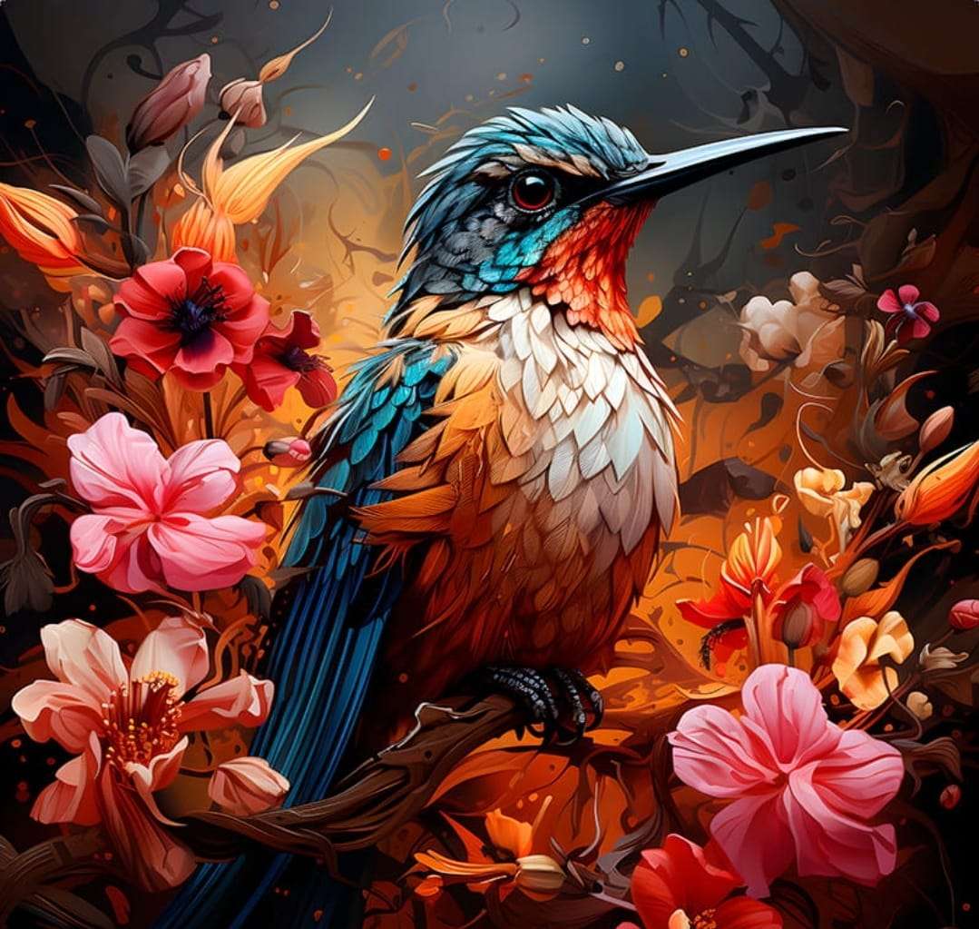 разноцветная птица среди цветов онлайн-пазл