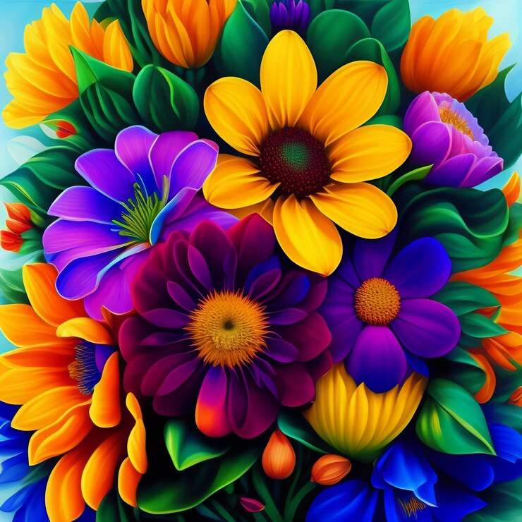 美しい色で描かれた花々 オンラインパズル