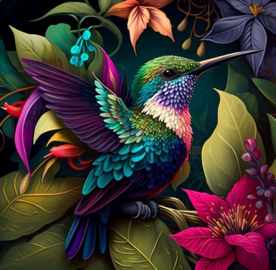Ein Kolibri inmitten herrlich bunter Blumen Puzzlespiel online