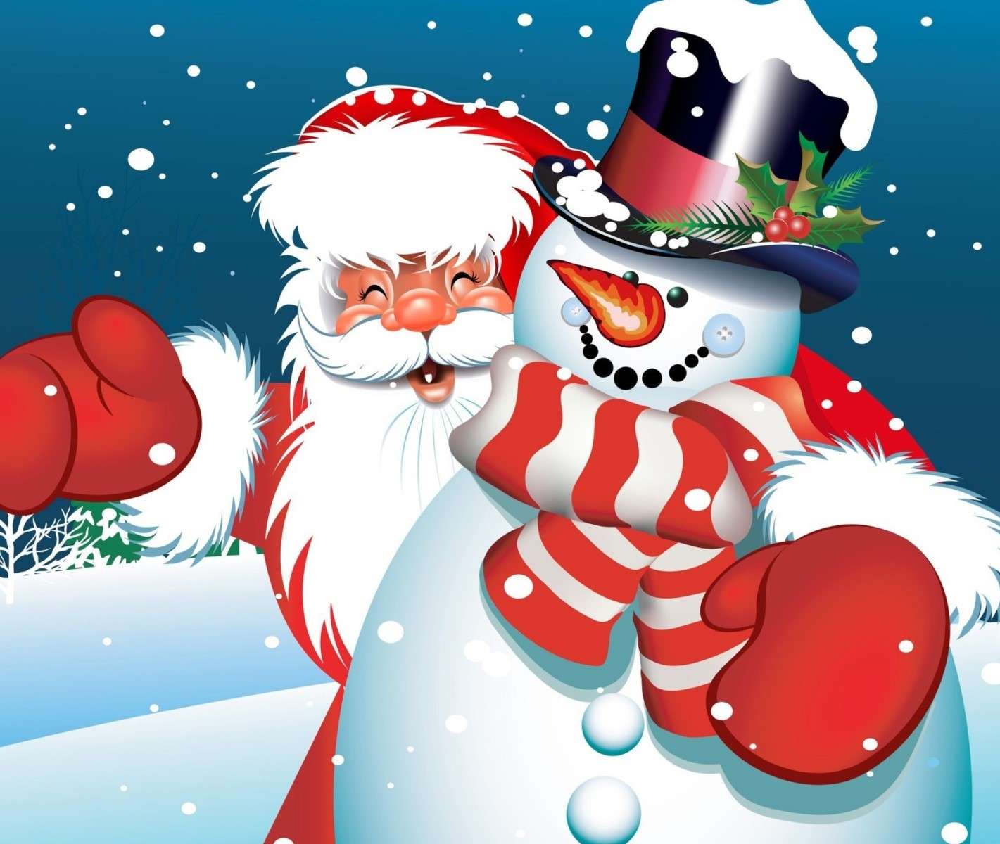 Cheerful postcard with Santa Claus and a snowman jigsaw puzzle online