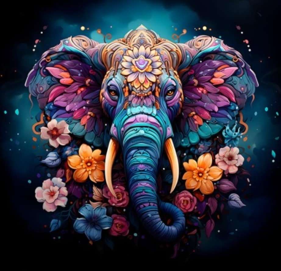 Elefante colorido en flores. rompecabezas en línea