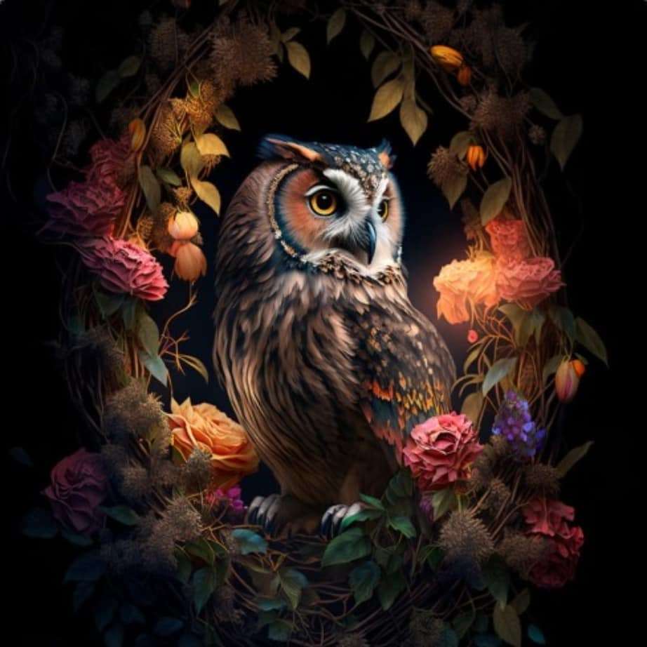Owl in delicate colorful flowers online puzzle