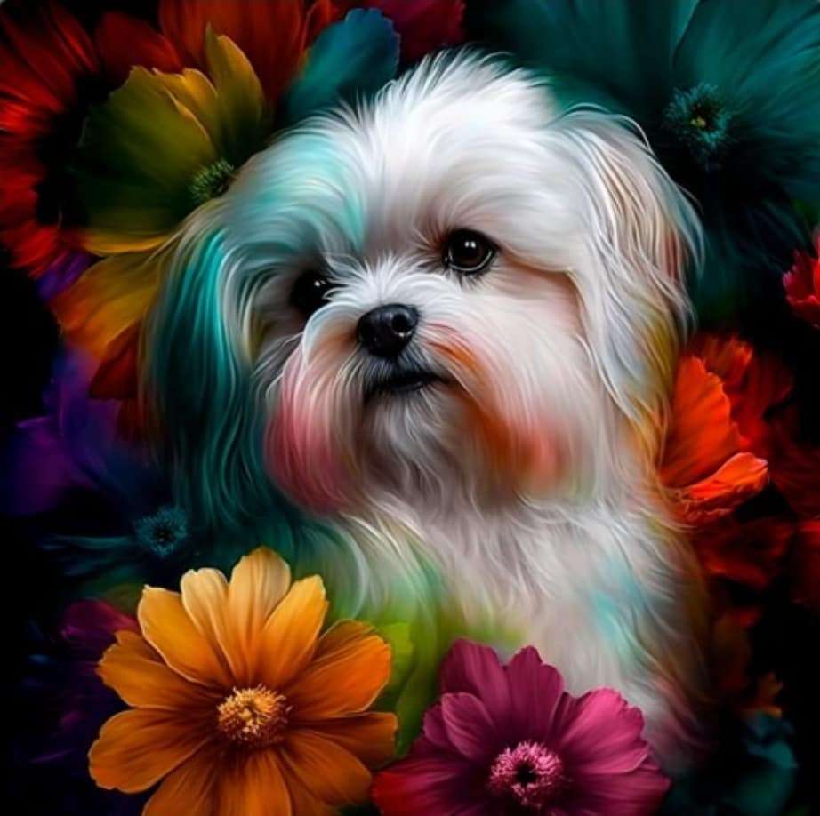 Замечательная мальтийская болонка с яркими цветами. онлайн-пазл