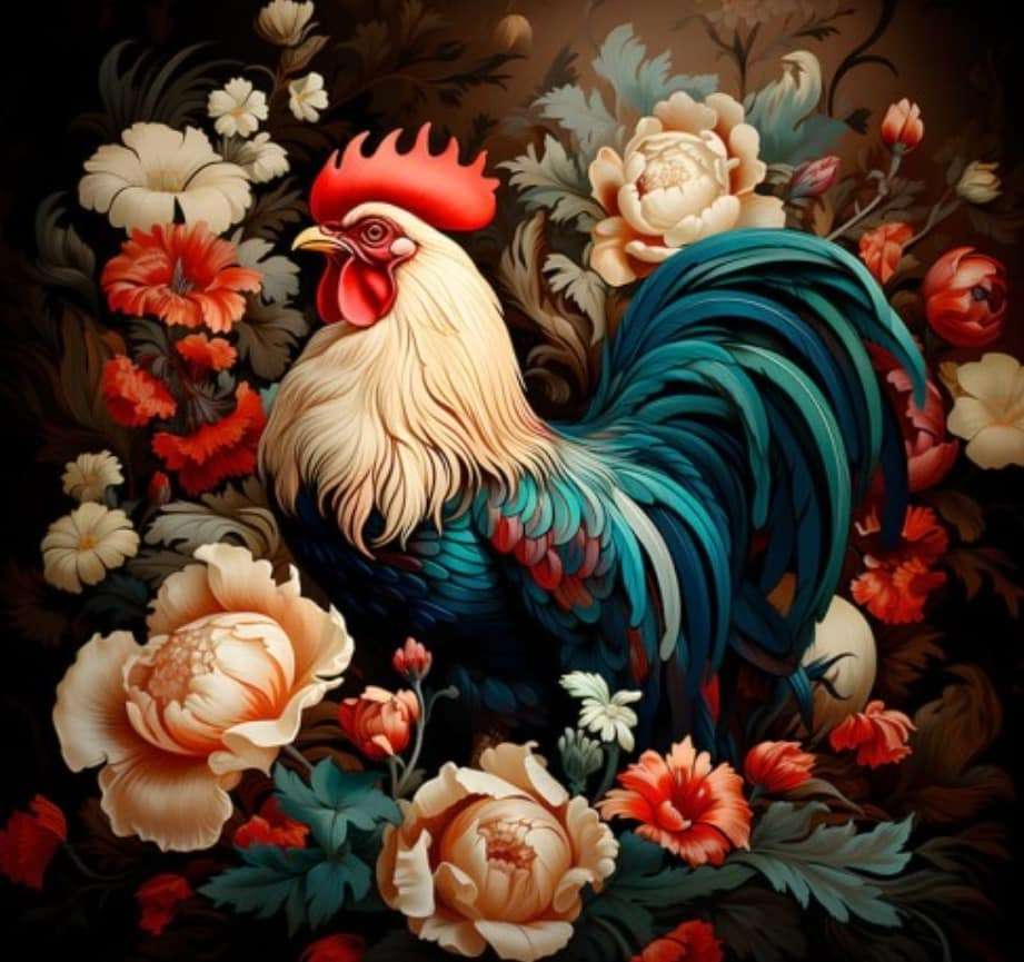 A handsome rooster with colorful flowers jigsaw puzzle online