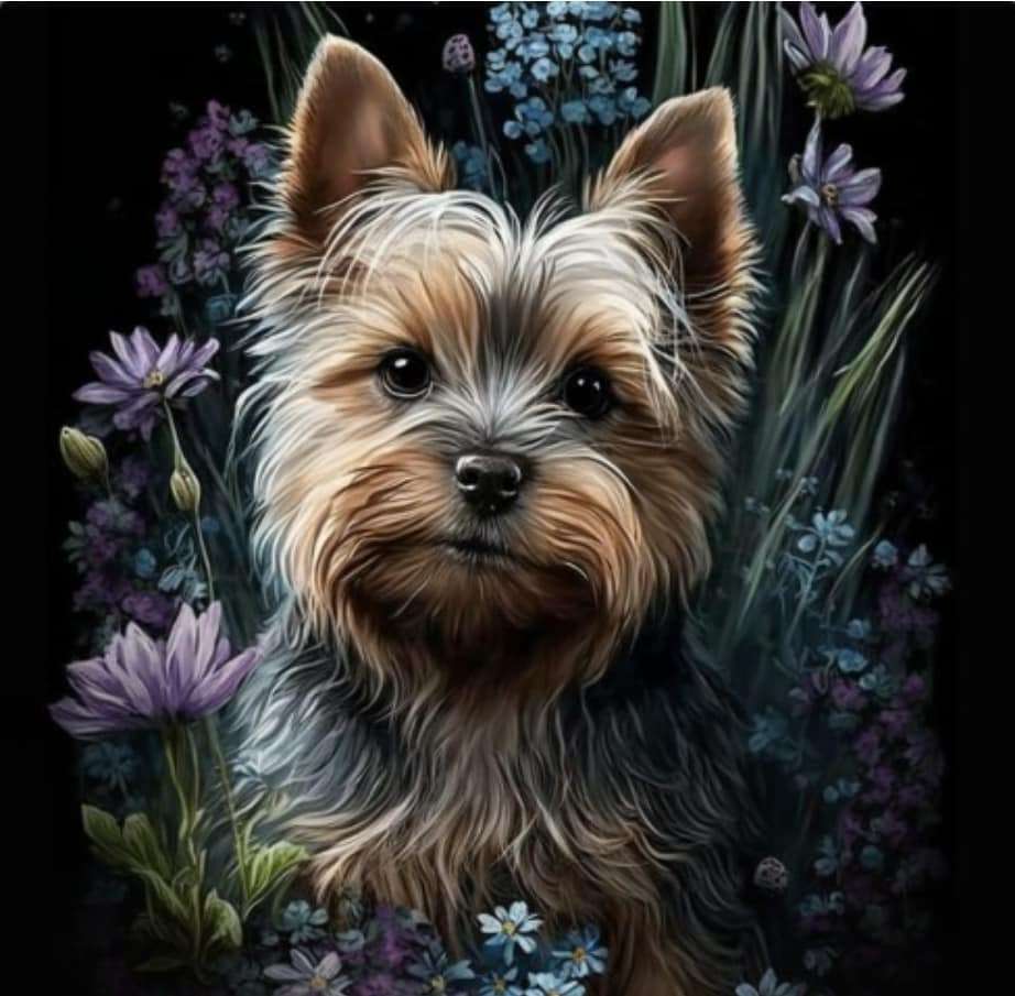 En liten Yorkie-hund i blommor pussel på nätet