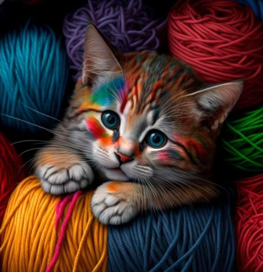 Котенок в разноцветных молоточках из пряжи пазл онлайн