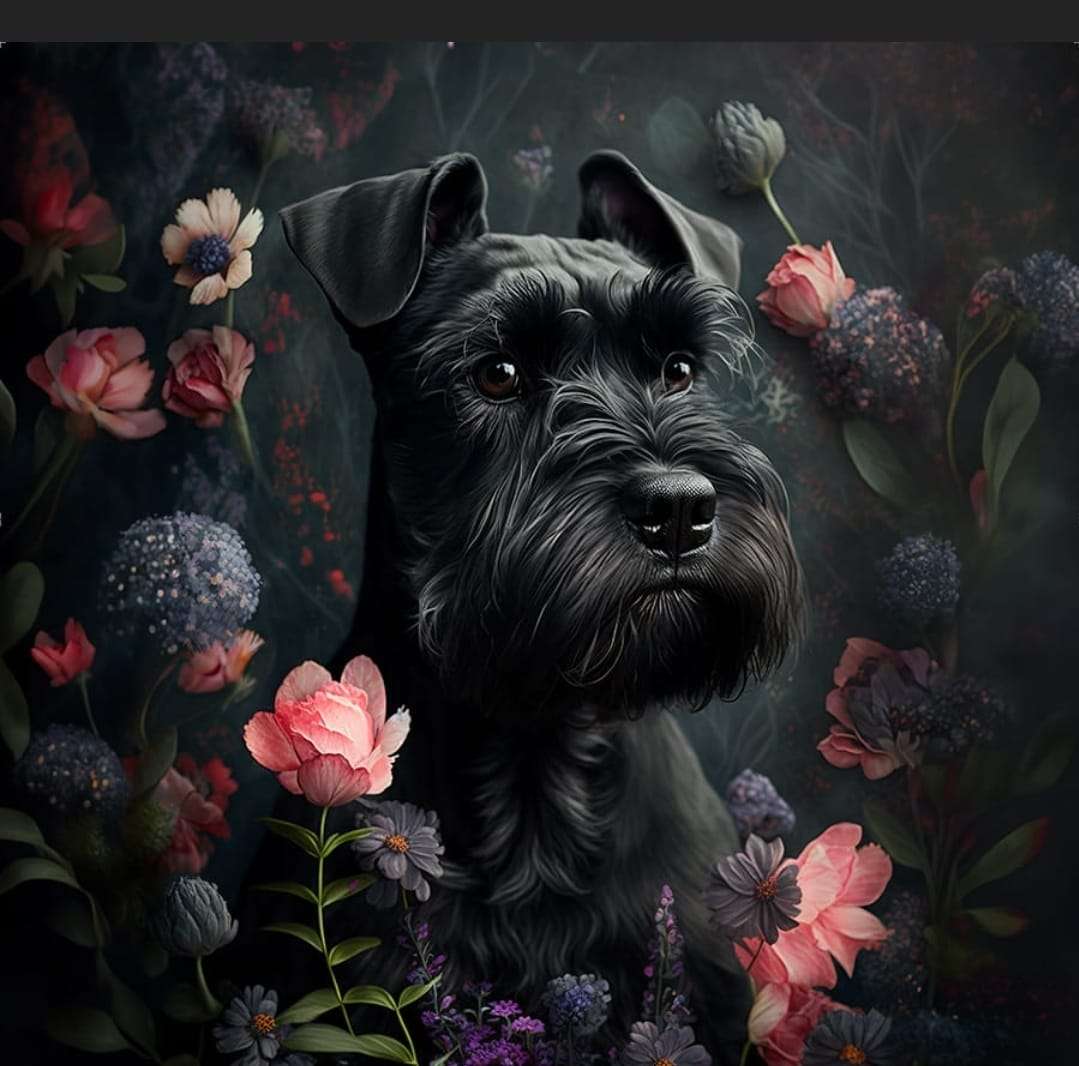 Schwarzer Hund in Blumen Puzzlespiel online