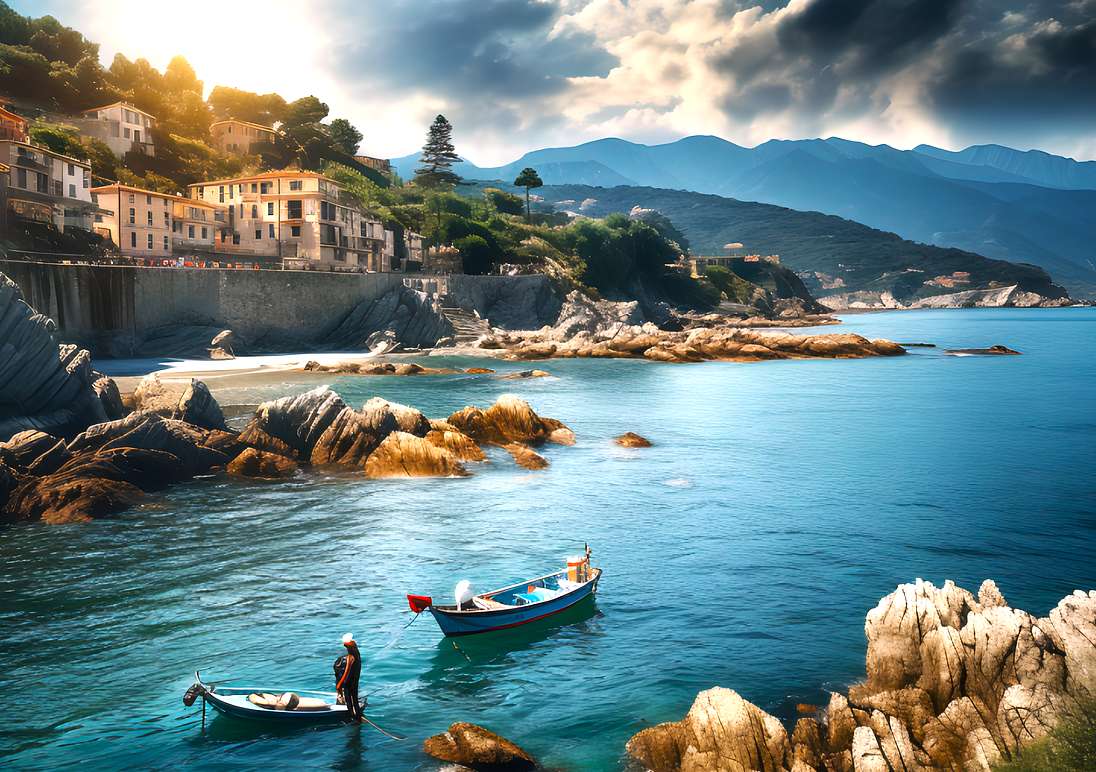 Ligurische Küste kurz vor Einbruch der Dunkelheit Online-Puzzle