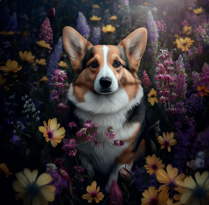 Ουαλικό σκυλί Corgi στα λουλούδια online παζλ
