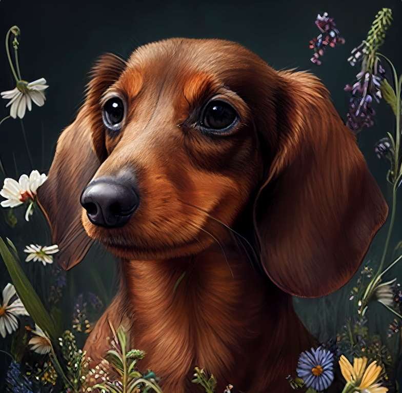 Καφέ dachshund στα λουλούδια παζλ online