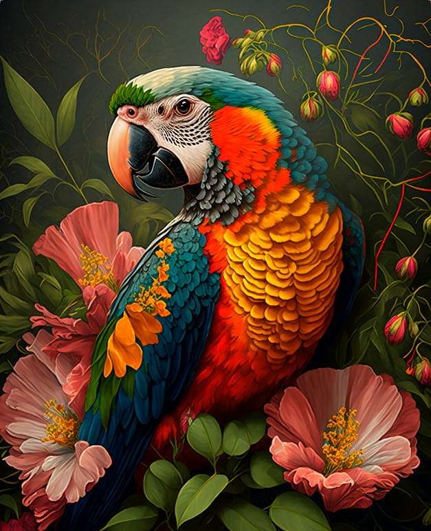 Krásný papoušek mezi růžovými květy skládačky online