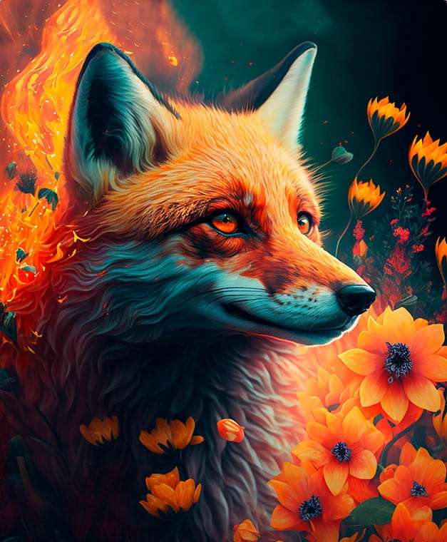 Červená liška v květinách online puzzle