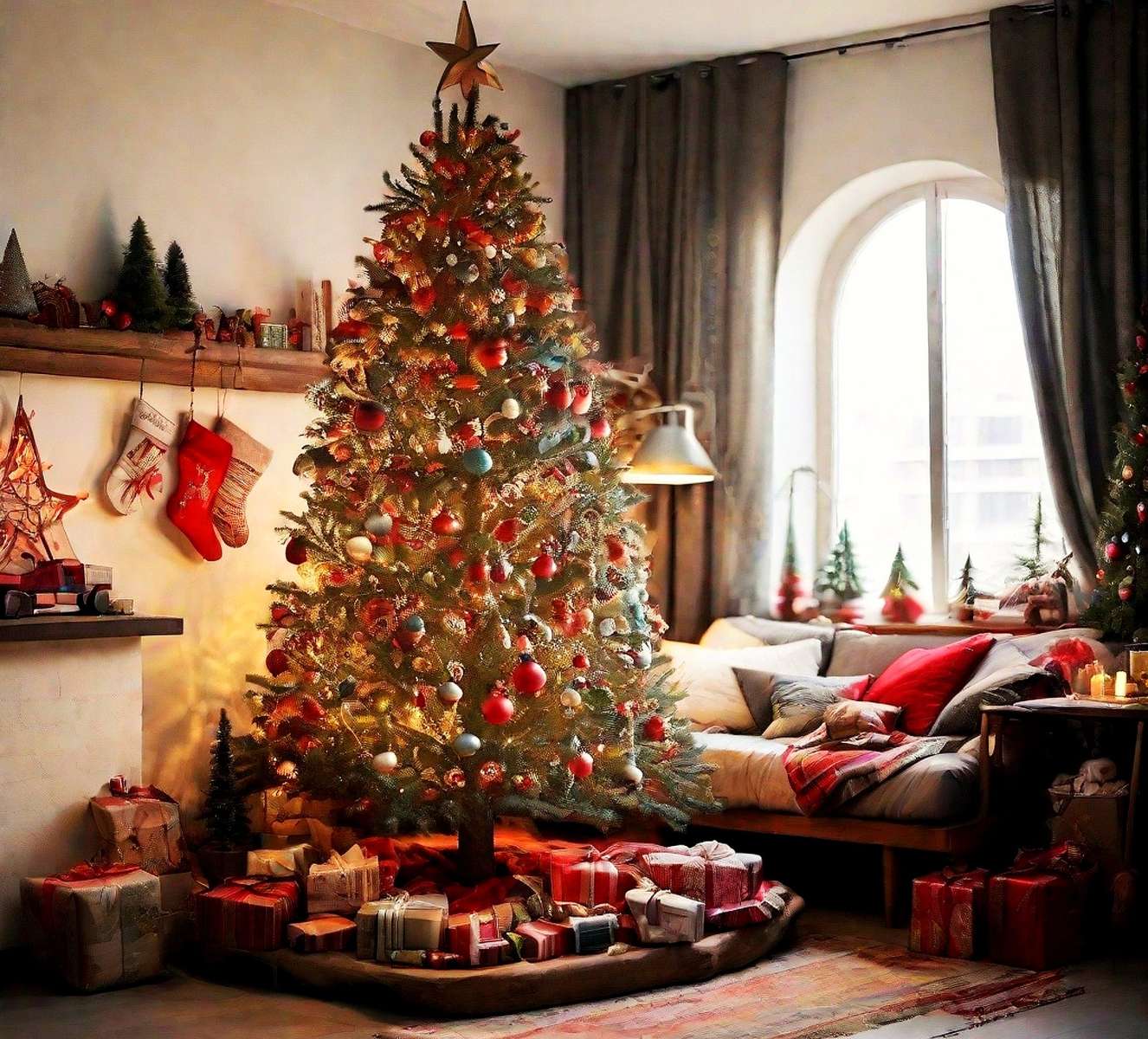 Una sala llena de regalos navideños rompecabezas en línea