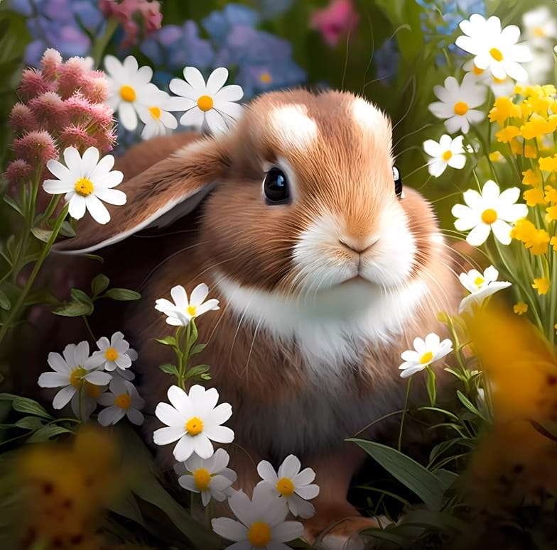 Ein Hase im Gras auf einer Lichtung voller Blumen Puzzlespiel online