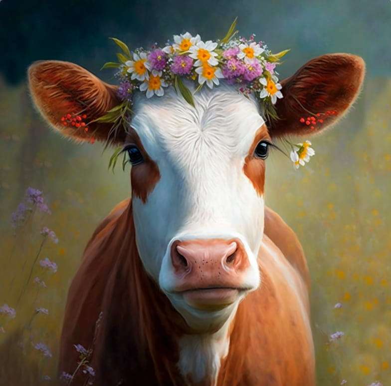Uma vaca em uma coroa de flores silvestres puzzle online