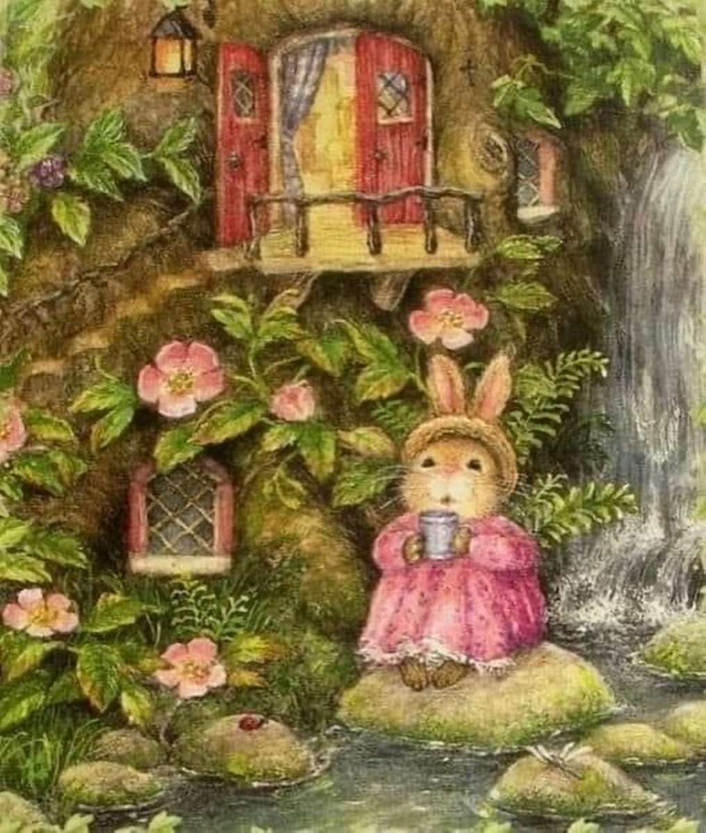 Madame Rabbit trinkt Tee am Wasserfall Online-Puzzle