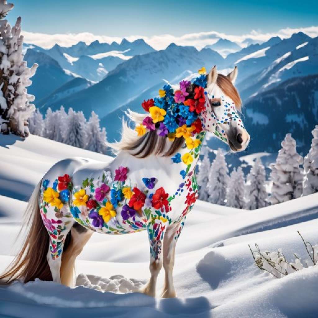 Cavallo con fiori nella neve creato con AI Pussel online