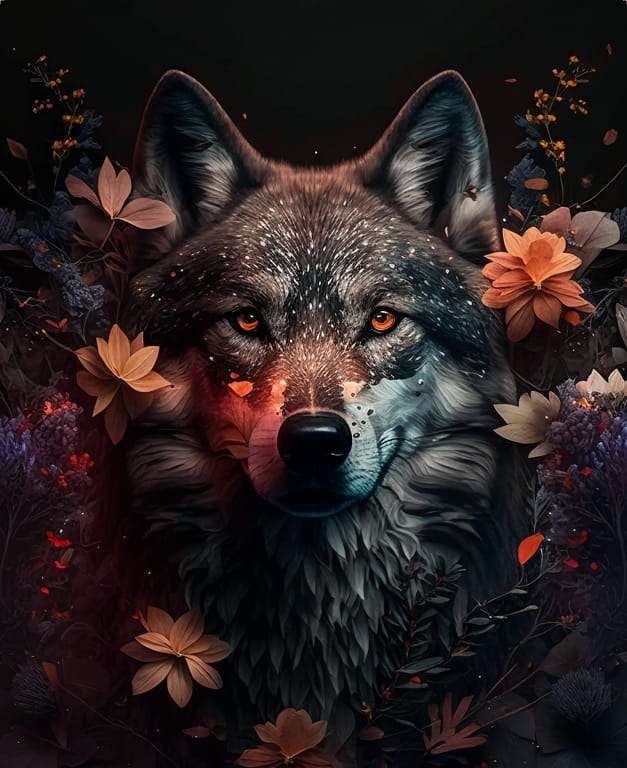 черный волк в цветах пазл онлайн