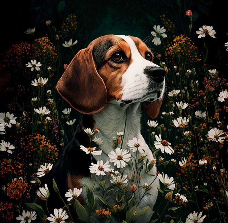 Μπιγκλ σκυλί στα λουλούδια παζλ online