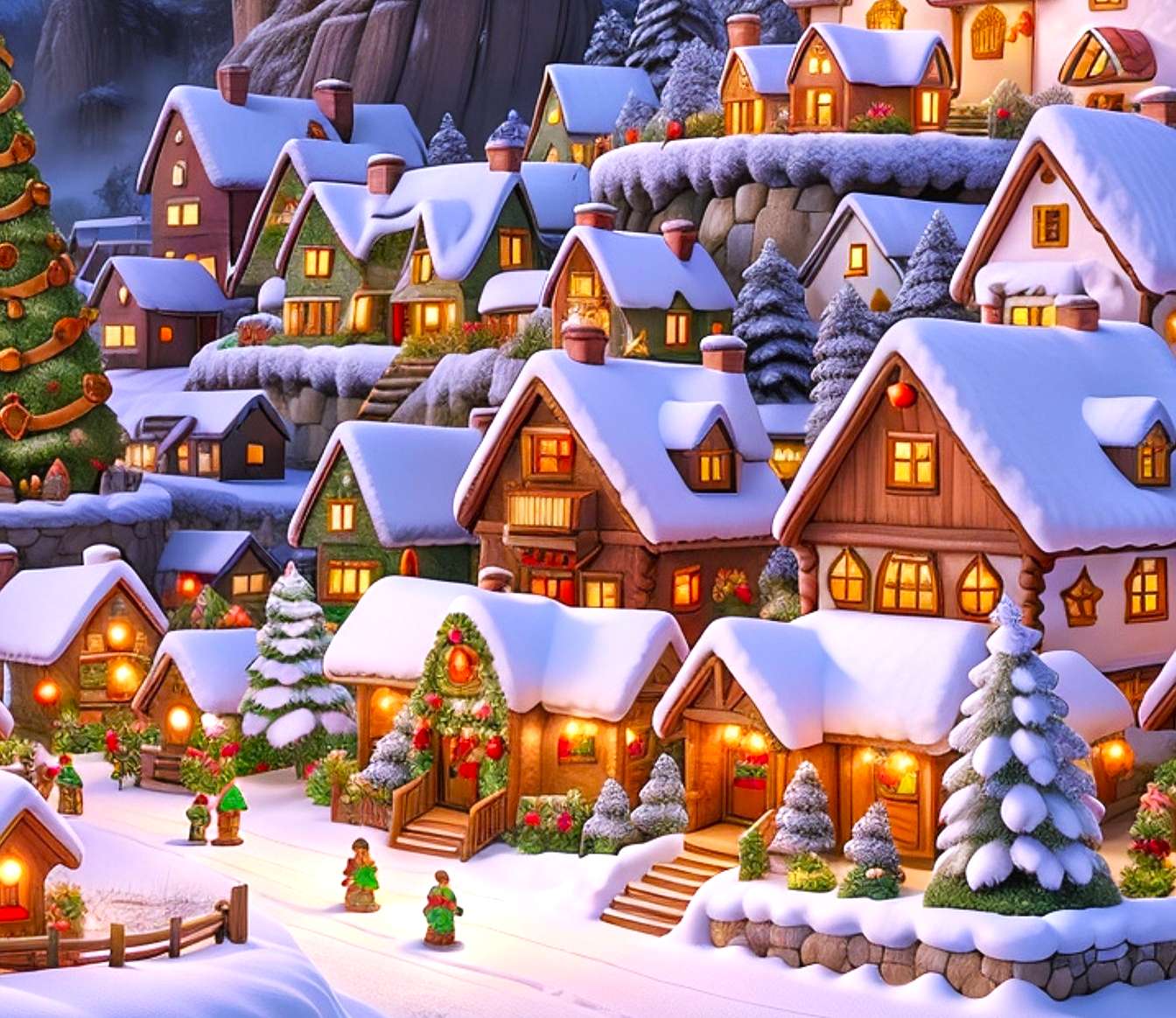 クリスマスの飾り付けに彩られた街 オンラインパズル