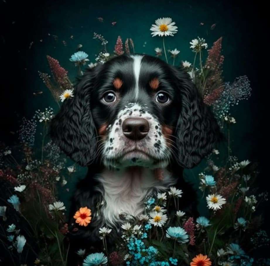 Λυπημένο σκυλί ανάμεσα στα λουλούδια online παζλ